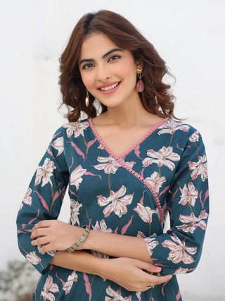 Teal Blue Cotton A Line Printed Kurta Bottom Set