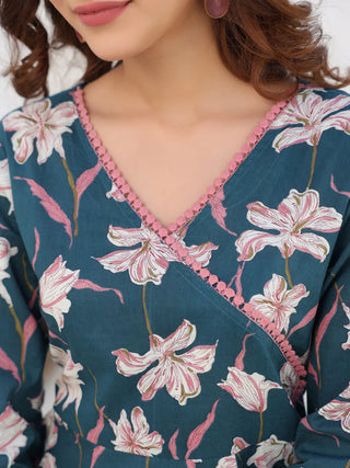 Teal Blue Cotton A Line Printed Kurta Bottom Set