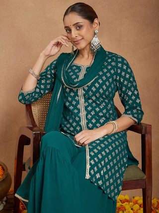 Teal Green Foil Print Sharara Set with Chiffon Dupatta