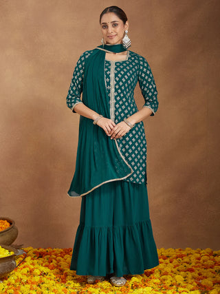 Teal Green Foil Print Sharara Set with Chiffon Dupatta