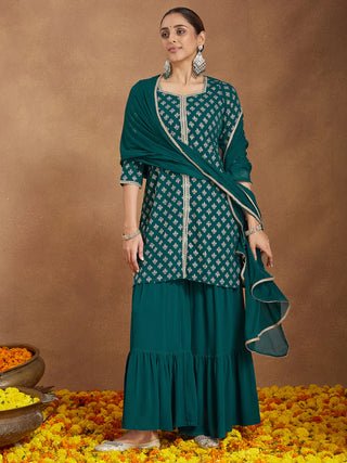 Teal Green Foil Print Sharara Set with Chiffon Dupatta
