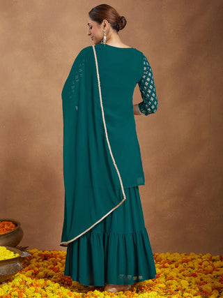 Teal Green Foil Print Sharara Set with Chiffon Dupatta