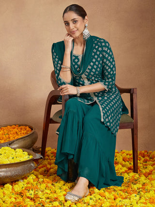 Teal Green Foil Print Sharara Set with Chiffon Dupatta