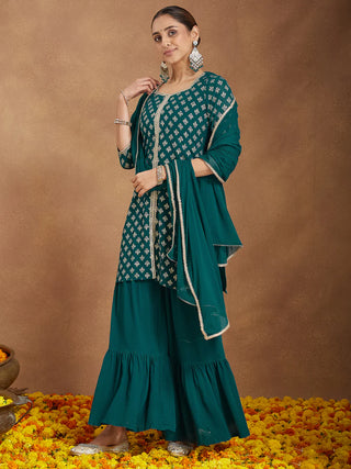 Teal Green Foil Print Sharara Set with Chiffon Dupatta