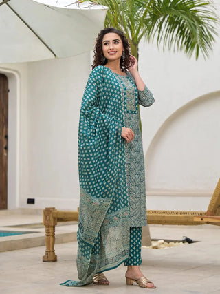 Teal Green Cotton Ethnic Motif Print & Embroidered Straight Shape Suit Set with Dupatta