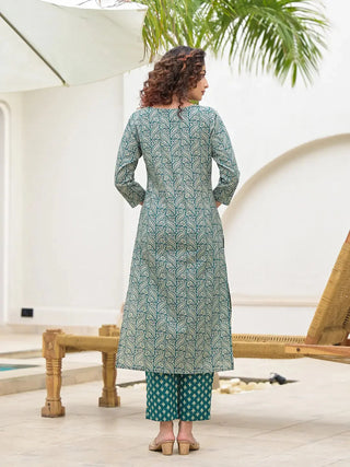 Teal Green Cotton Ethnic Motif Print & Embroidered Straight Shape Suit Set with Dupatta