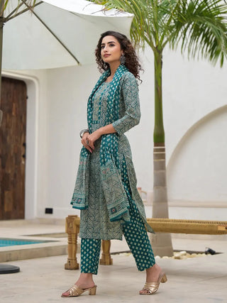 Teal Green Cotton Ethnic Motif Print & Embroidered Straight Shape Suit Set with Dupatta