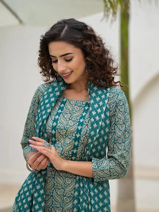 Teal Green Cotton Ethnic Motif Print & Embroidered Straight Shape Suit Set with Dupatta