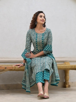 Teal Green Cotton Ethnic Motif Print & Embroidered Straight Shape Suit Set with Dupatta