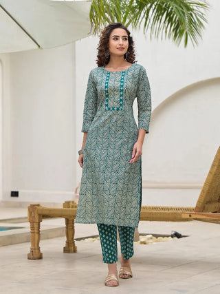 Teal Green Cotton Ethnic Motif Print & Embroidered Straight Shape Suit Set with Dupatta