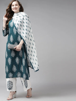 Teal Green & Off-White Rayon Ethnic Motif Printed Straight Shape Suit Set with Voile Dupatta