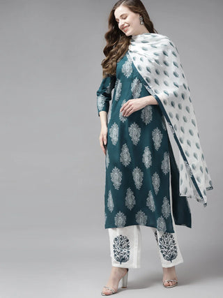 Teal Green & Off-White Rayon Ethnic Motif Printed Straight Shape Suit Set with Voile Dupatta