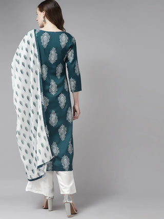 Teal Green & Off-White Rayon Ethnic Motif Printed Straight Shape Suit Set with Voile Dupatta