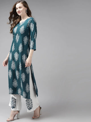 Teal Green & Off-White Rayon Ethnic Motif Printed Straight Shape Suit Set with Voile Dupatta