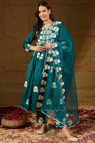 Teal Blue Silk Blend A Line Floral Embroidered Suit Set with Dupatta