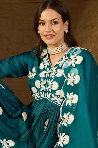 Teal Blue Silk Blend A Line Floral Embroidered Suit Set with Dupatta
