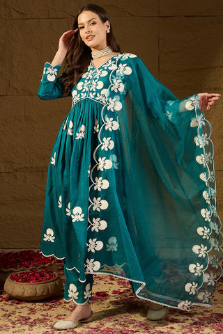Teal Blue Silk Blend A Line Floral Embroidered Suit Set with Dupatta