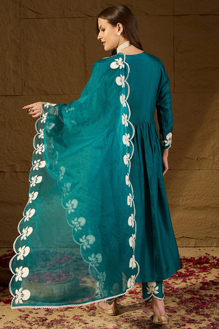 Teal Blue Silk Blend A Line Floral Embroidered Suit Set with Dupatta