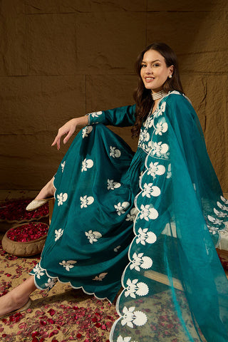 Teal Blue Silk Blend A Line Floral Embroidered Suit Set with Dupatta
