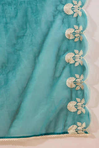 Teal Blue Silk Blend A Line Floral Embroidered Suit Set with Dupatta