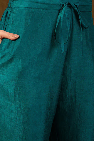 Teal Blue Silk Blend A Line Floral Embroidered Suit Set with Dupatta