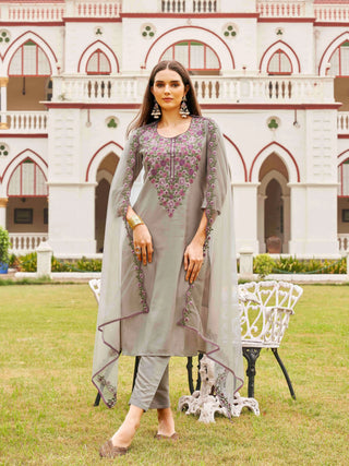 Taupe Silk Blend Thread Embroidered Straight Shape Suit Set with Net Dupatta