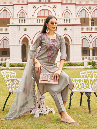 Taupe Silk Blend Thread Embroidered Straight Shape Suit Set with Net Dupatta