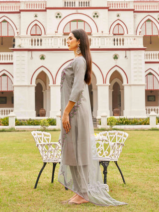 Taupe Silk Blend Thread Embroidered Straight Shape Suit Set with Net Dupatta