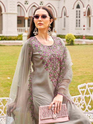 Taupe Silk Blend Thread Embroidered Straight Shape Suit Set with Net Dupatta