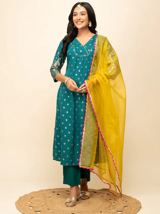 Teal Blue Crepe Foil Print A Line Suit Set with Organza Dupatta