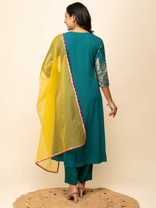 Teal Blue Crepe Foil Print A Line Suit Set with Organza Dupatta