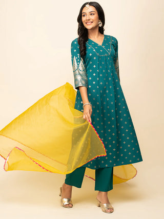 Teal Blue Crepe Foil Print A Line Suit Set with Organza Dupatta