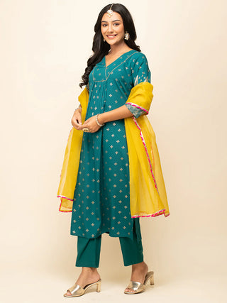 Teal Blue Crepe Foil Print A Line Suit Set with Organza Dupatta