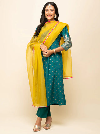 Teal Blue Crepe Foil Print A Line Suit Set with Organza Dupatta