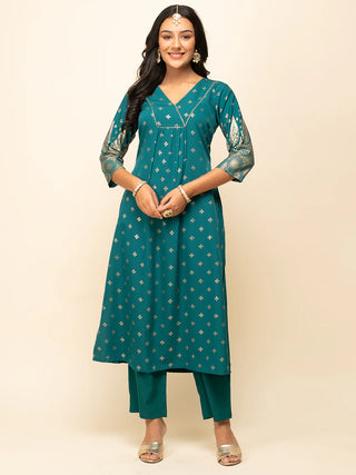 Teal Blue Crepe Foil Print A Line Suit Set with Organza Dupatta