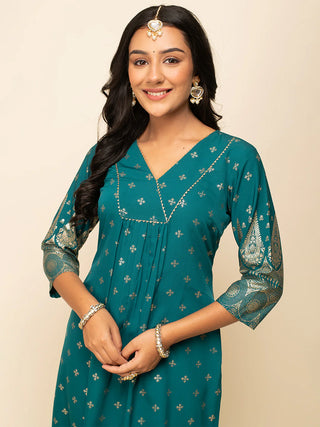 Teal Blue Crepe Foil Print A Line Suit Set with Organza Dupatta