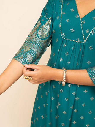 Teal Blue Crepe Foil Print A Line Suit Set with Organza Dupatta