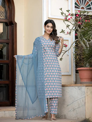 Teal Blue Cotton Leaf Print Suit Set with Dupatta