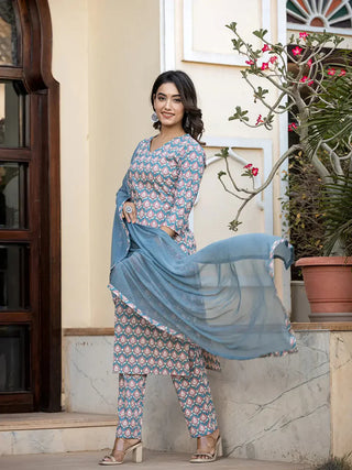 Teal Blue Cotton Leaf Print Suit Set with Dupatta