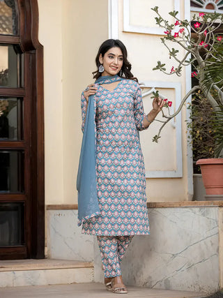 Teal Blue Cotton Leaf Print Suit Set with Dupatta