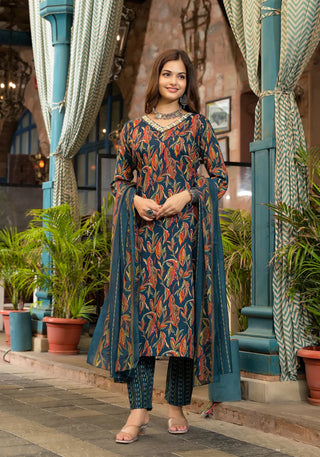 Teal Blue Viscose Printed & Embroidered A Line Suit Set with Chanderi Cotton Dupatta