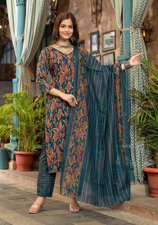 Teal Blue Viscose Printed & Embroidered A Line Suit Set with Chanderi Cotton Dupatta