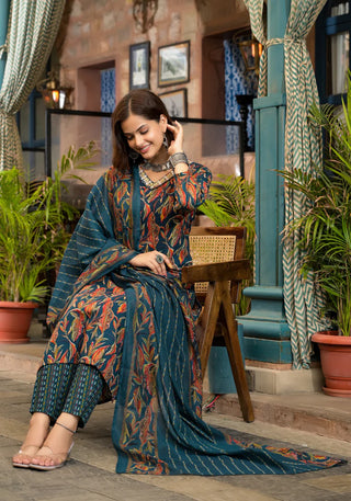 Teal Blue Viscose Printed & Embroidered A Line Suit Set with Chanderi Cotton Dupatta