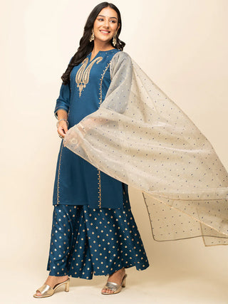 Teal Blue Silk Blend Foil Print Thread & Lace Detailing Suit Set with Organza Dupatta