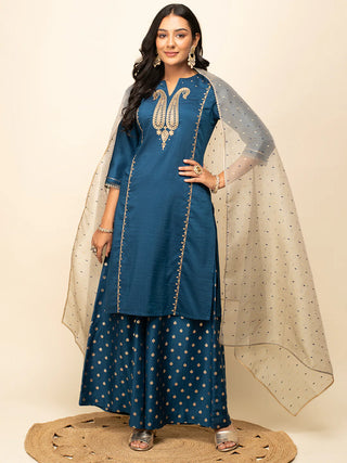 Teal Blue Silk Blend Foil Print Thread & Lace Detailing Suit Set with Organza Dupatta