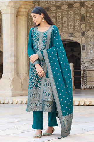 Teal Blue Chanderi Woven Designed Kurta with Silk Blend Trouser and Woven Designed Dupatta