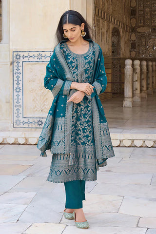 Teal Blue Chanderi Woven Designed Kurta with Silk Blend Trouser and Woven Designed Dupatta