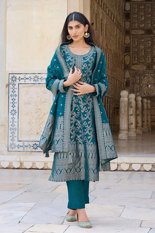 Teal Blue Chanderi Woven Designed Kurta with Silk Blend Trouser and Woven Designed Dupatta