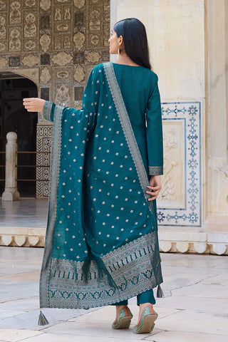 Teal Blue Chanderi Woven Designed Kurta with Silk Blend Trouser and Woven Designed Dupatta