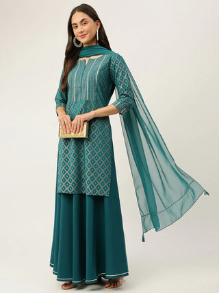 Teal Blue Crepe Foil Print Kurta Skirt Set with Georgette Dupatta